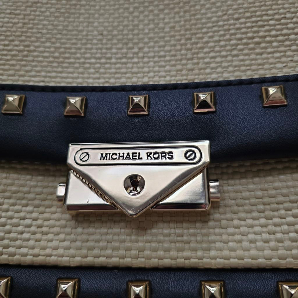 Michael Kors Studded Straw & Leather Crossbody Bag Tan/Black One Size - Picture 13 of 15